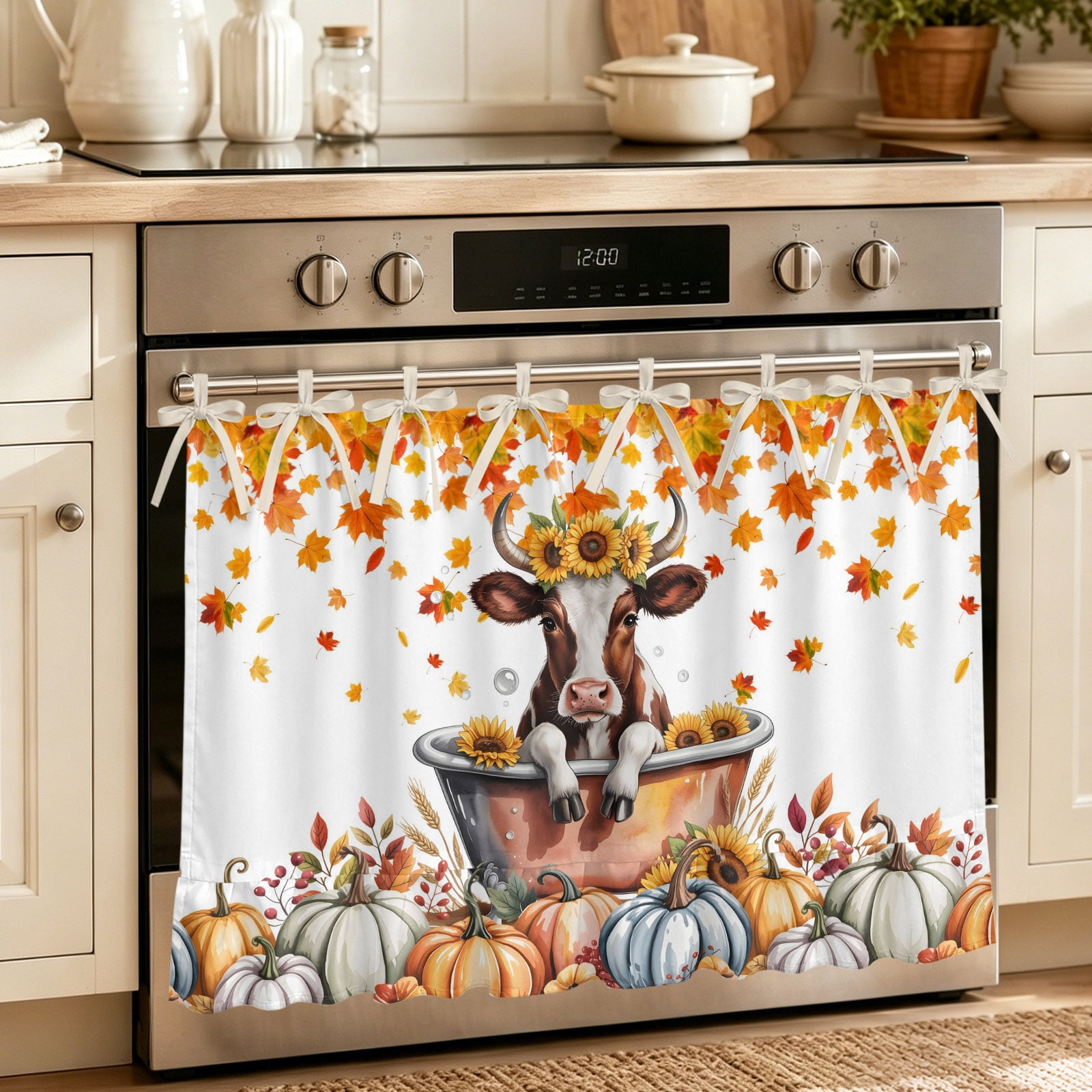 Oven Curtain for Kitchen Fall Pumpkin Maple Leaves Farm Stove Curtain With Ruffled Trim Dishwasher Curtains Funny Bathtub Oven Skirt 27 x20
