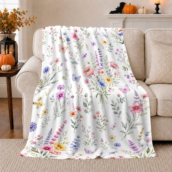 Whimsical Watercolor Wildflowers Butterflies Autumn, Festive Botanical Garden Scene, Warm Flannel Blanket for Sunroom and Reading Nook, Garden Lovers Thanksgiving Gift, Botanical Home Decor