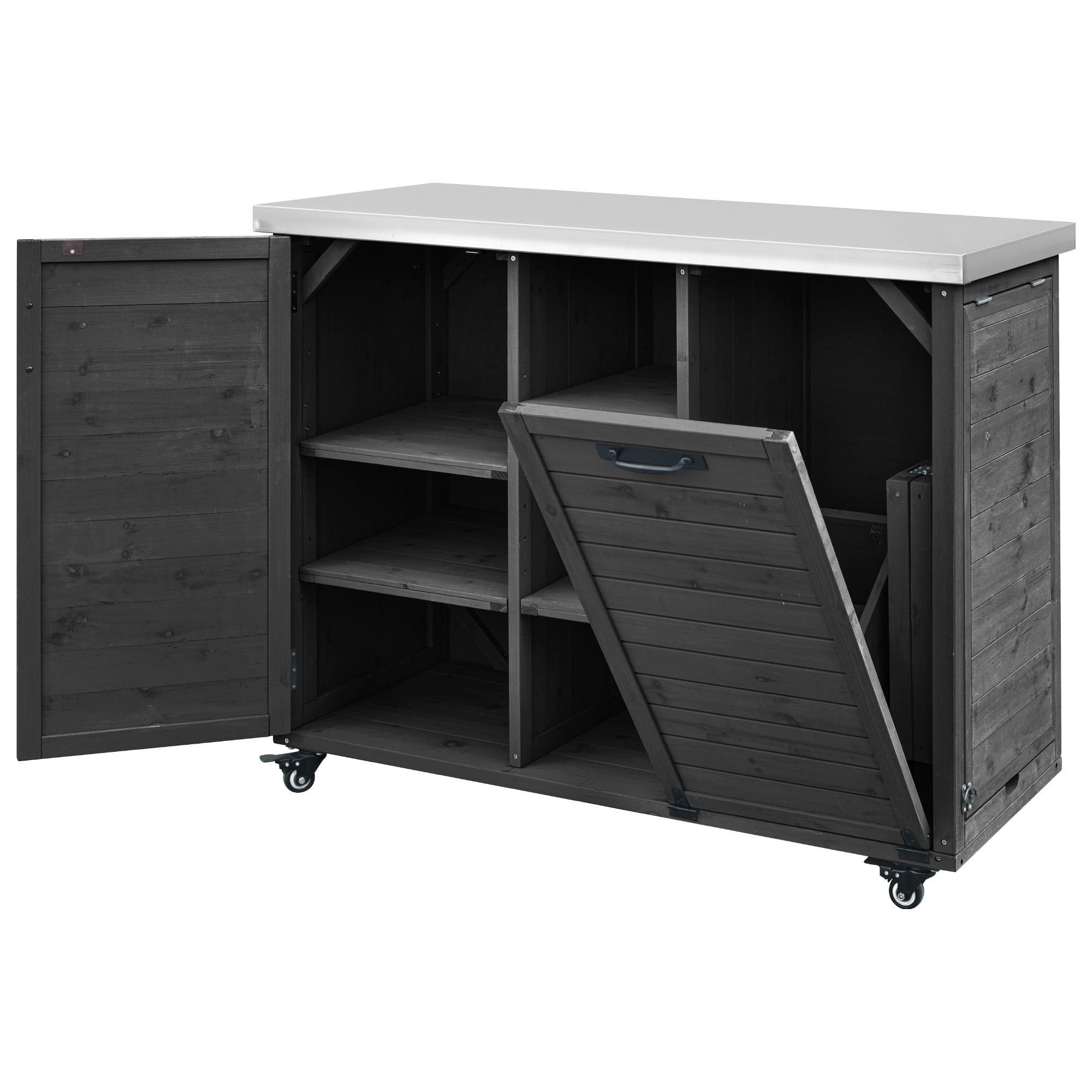 Euroco 78.3" Outdoor Kitchen Island with Foldable Grill Table, Wooden Outdoor Grill Cart with Trash Can Storage & Stainless Steel Top, Outdoor Bar Cart, Pizza Oven Table