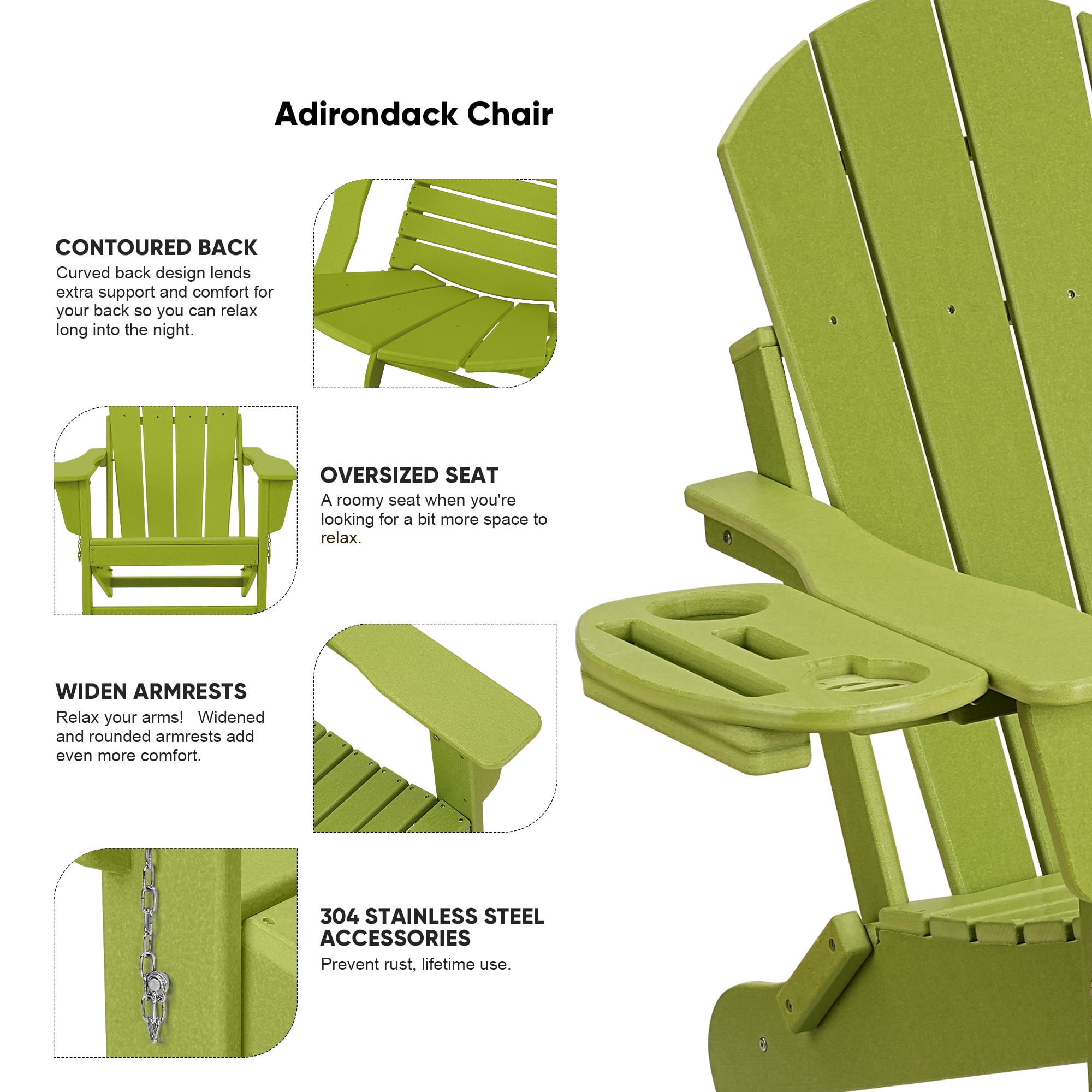Folding HDPE Adirondack Chair with 4 in 1 Cup Holder Tray Plastic Adirondack Chairs Weather Resistant Lawn Outdoor Firepit Chairs, Light Green