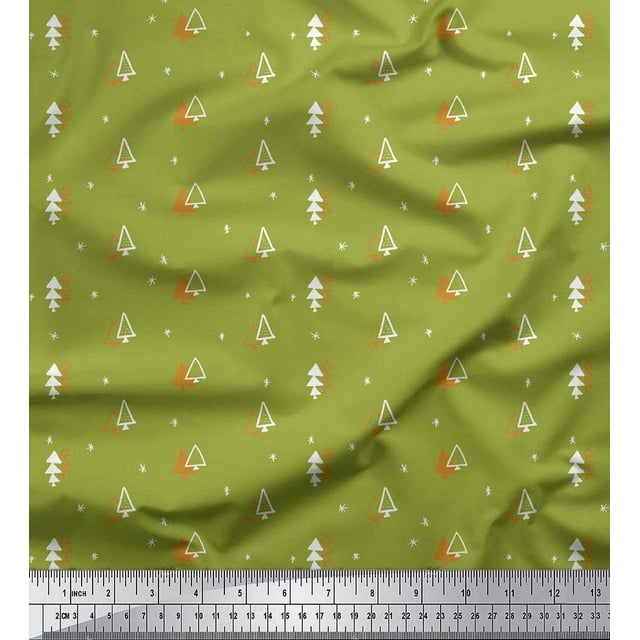 Soimoi Green Rayon Crepe Fabric Tree Christmas Decor Fabric Printed Yard 46 Inch Wide