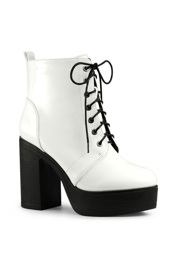Women's Platform Chunky High Heel Lace up Combat Boots White 8.5