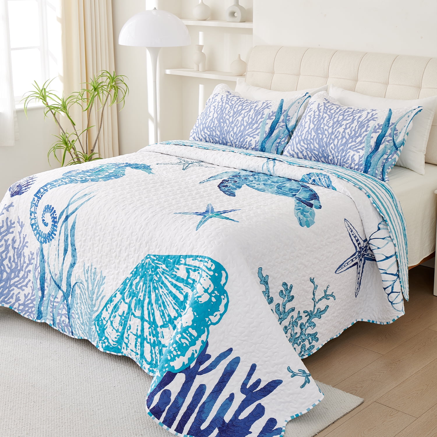 Evenhug Quilts 3-Piece King Bedding Set Coastal Animal Print Light Blue Coastal Quilt Set With Shams