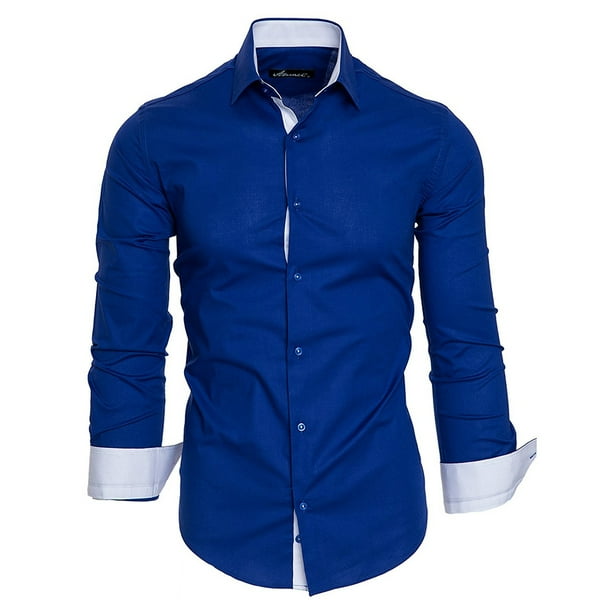 Men Classic Slim Long sleeved Shirts Hit Color Lapel Collar Casual