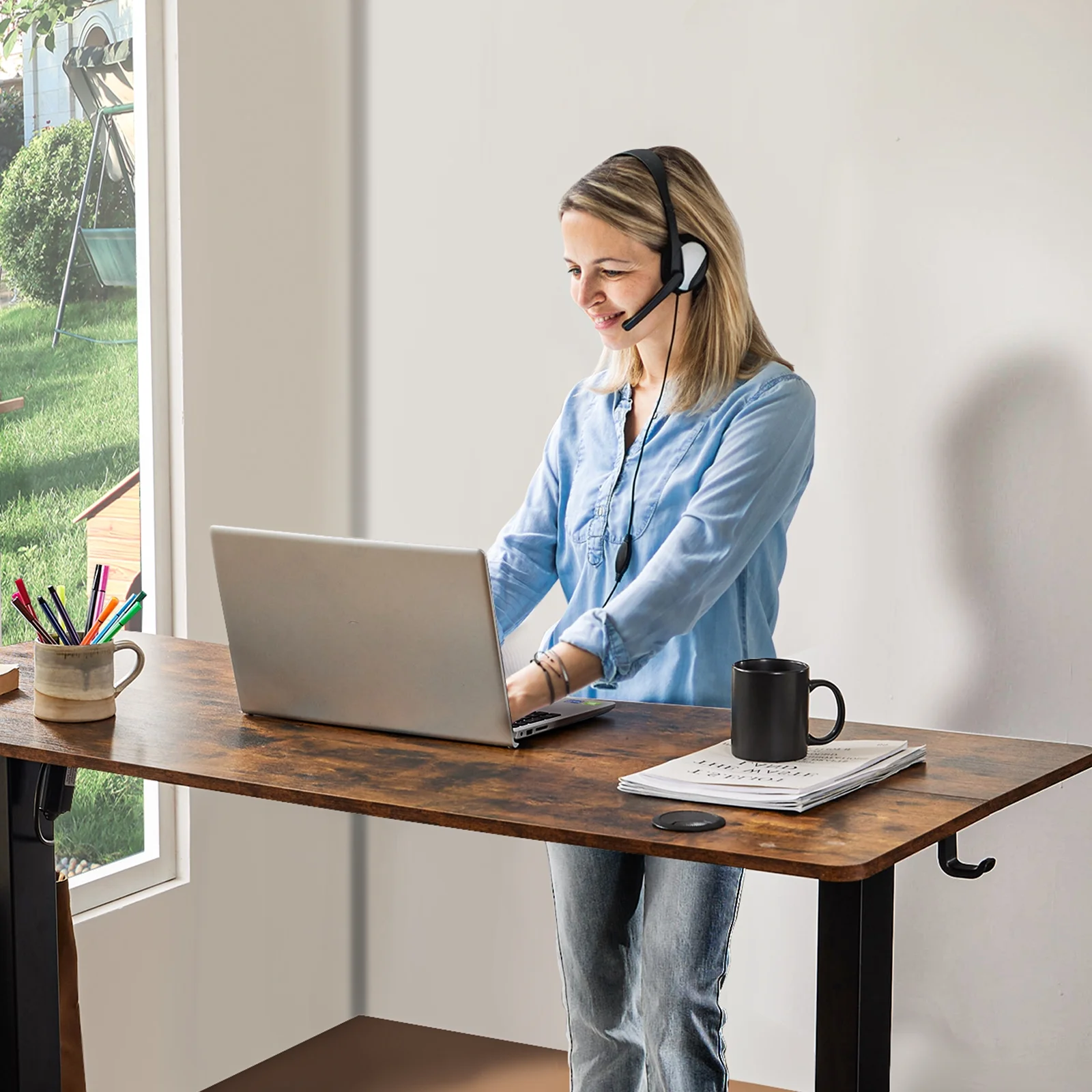 CONCETTA Electric Height Adjustable Desk, 48"x24" Ergonomic Sit Stand Workstation, One-Touch Lift Home Office Desk, Rust