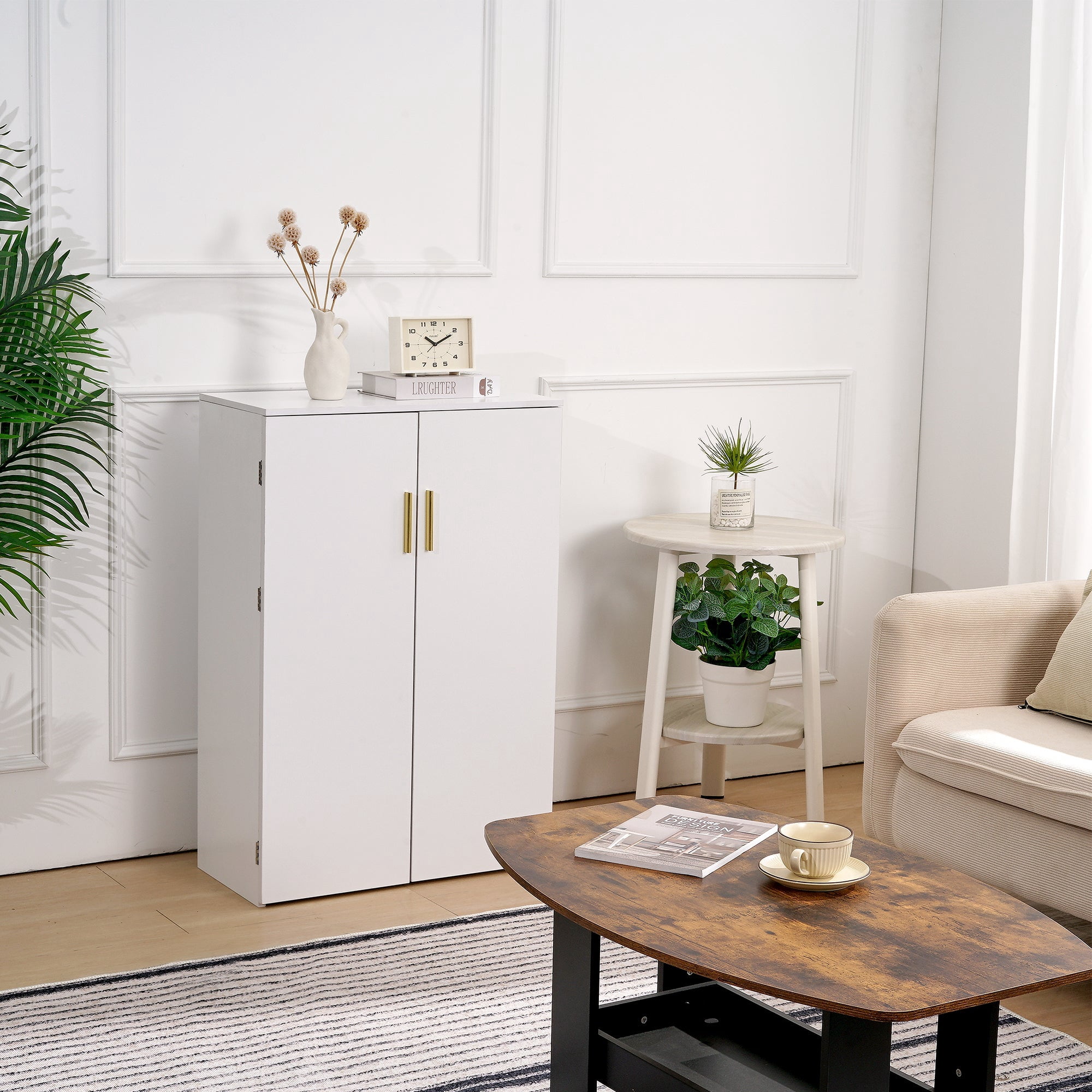 VECELO Kitchen Pantry Cabinets, Food Storage Cabinet with 2 Doors & Adjustable Shelves, Freestanding Small Cupboard for Living Room, Dining Room, Home Office, White