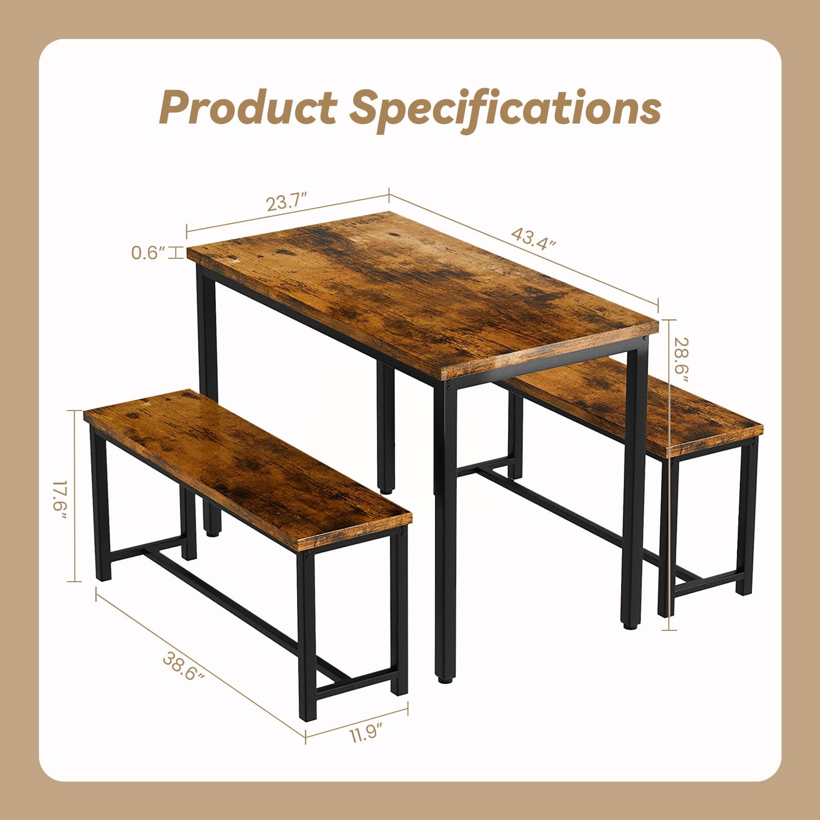 Cvortll Dining Table Set, Rectangular Dining Table and Chairs for 4-6, Modern Wood Dining Room Table Set Kitchen Table Set with Two Benches & Metal Frame for Kitchen, Restaurant