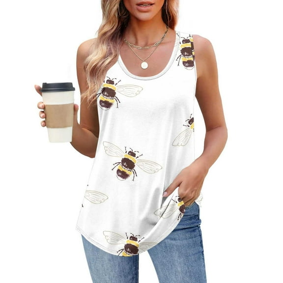 Delliss Womens Summer Fashion Tank Tops Sleeveless Bee Print T Shirt Casual Loose Fit Tunic Blouses
