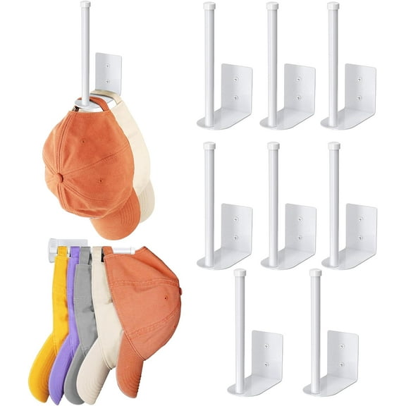 ZJQYDS 8 Pack Hat Racks for Baseball Caps, Stainless Steel Hat Organizer for Baseball Cap, Hat Holder Storage Organizer, Hat Hanger Strong Adhesive/Wall Drilled for Door, Bedroom, Closet(White 6 in)