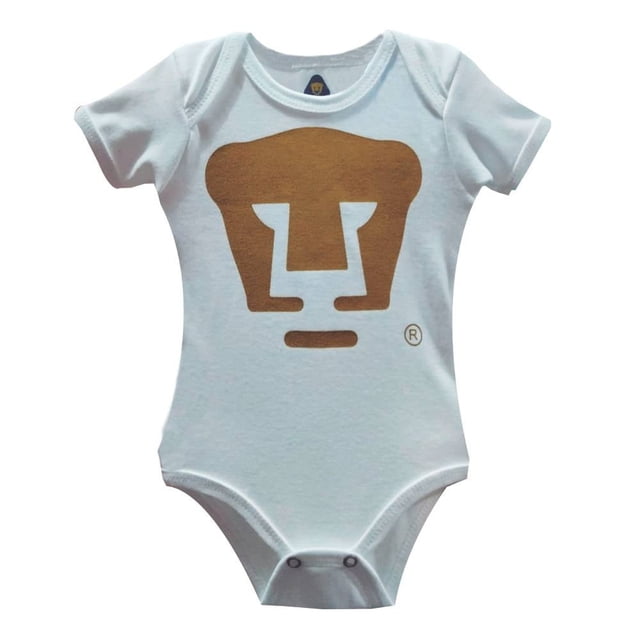 Pañalero Pumas Unisex 12M estampado al frente blanco con cuello redondo y manga corta, prenda fresca y suave con detalles a contraste, ideal para ropa de bebé niño y uso diario cómodo.