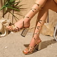 thumbnail image 4 of Rokment Womens Sparkly Metallic Block High Heels Mid Calf Strappy Dress Sandals for Bride Wedding Summer Fashion Casual Sexy Leather Open Square Toe Heeled Bridal Dressy Sandals Gold Size 6.5, 4 of 7