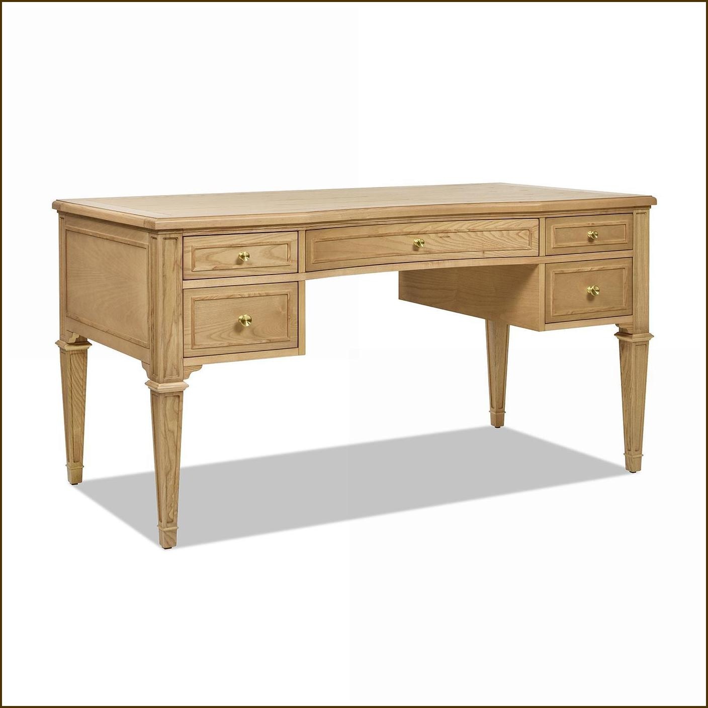 Desks, 5-Drawer Executive Desk with Gold Accents Natural Brown Wood | Brown | Solid Wood+MDF