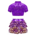 thumbnail image 2 of TTAO 2 Piece Dance Outfits Set Kids Girls Short Sleeve Crop Top with Tiered Skirt Jazz Ballroom Dancewear Purple 14, 2 of 5