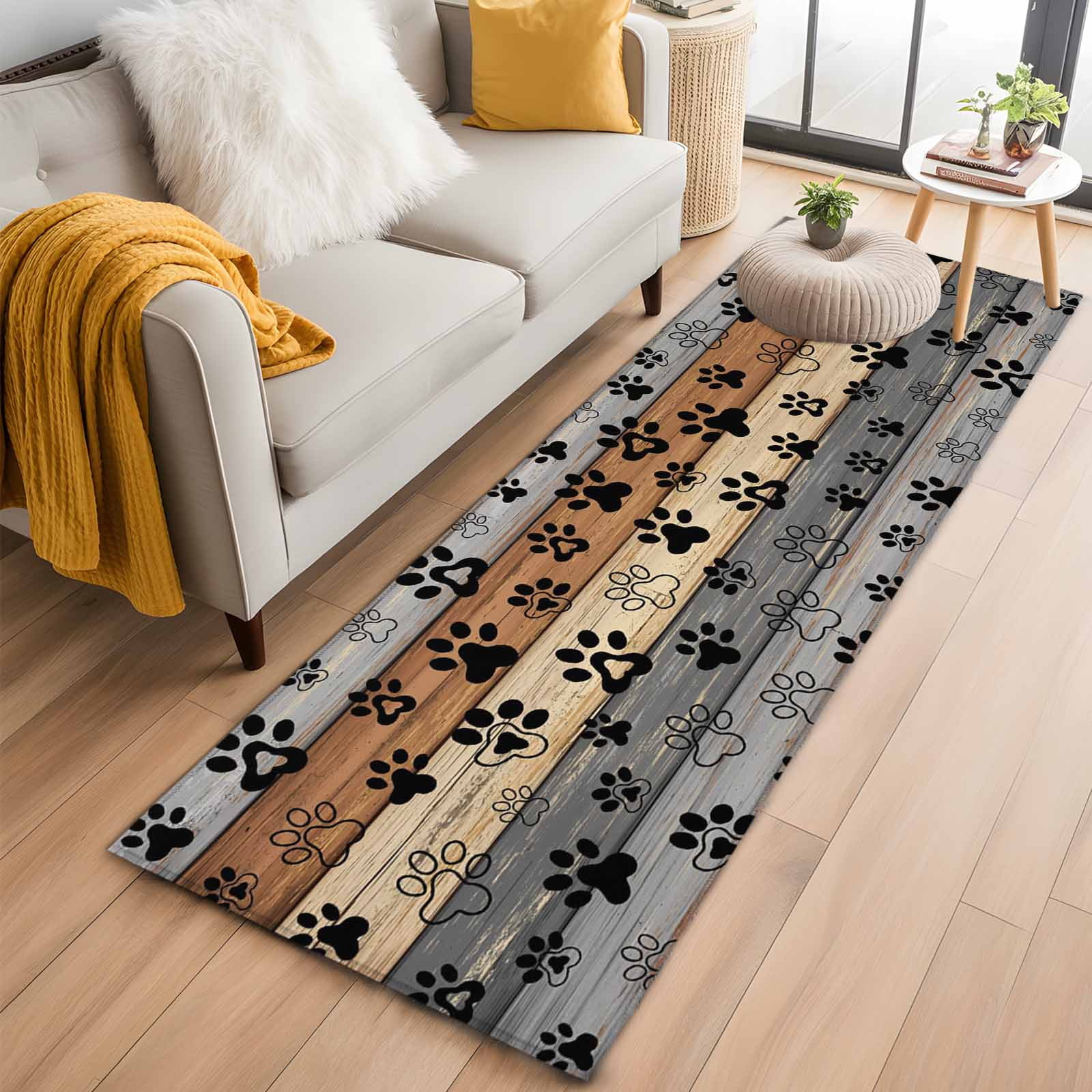 Runner Rug 2 x 6 Ft, Haze Blue Brown Washable Non-Slip Floor Mat for Kitchen Hallway/Entryway, Rustic Farmhouse Dog Paw Vintage Long Kitchen Runner Area Rugs for Living Room, Low-Profile