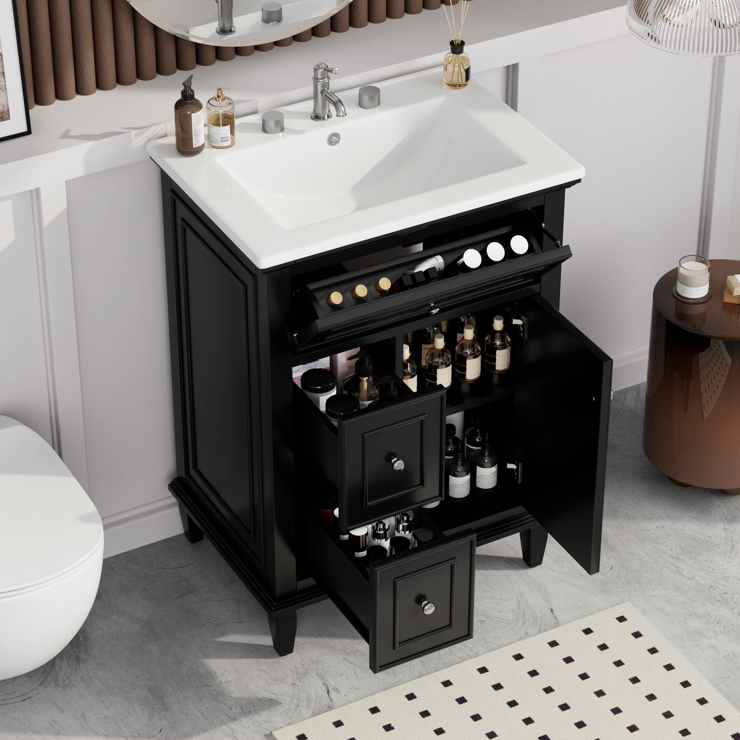 MAYEERTY 24" Bathroom Vanity with Sink, 1 Flip Drawer 2 Drawers Adjustable Shelf, Solid Wood MDF, Black