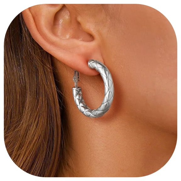 FindChic Hoop Earrings for Women Stainless Steel Rhombic Pattern Hoops Silver Hollow Tube Loop Earrings Birthday Mothers Day Jewelry Gifts Her Mom Wife Adults Ideas, 30mm