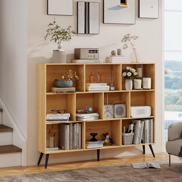 10-cube de madera estante 3-tier abiertos estante estante de libros freestanding con 5 iron legs para oficina en casa sala de estar y dormitorio natural