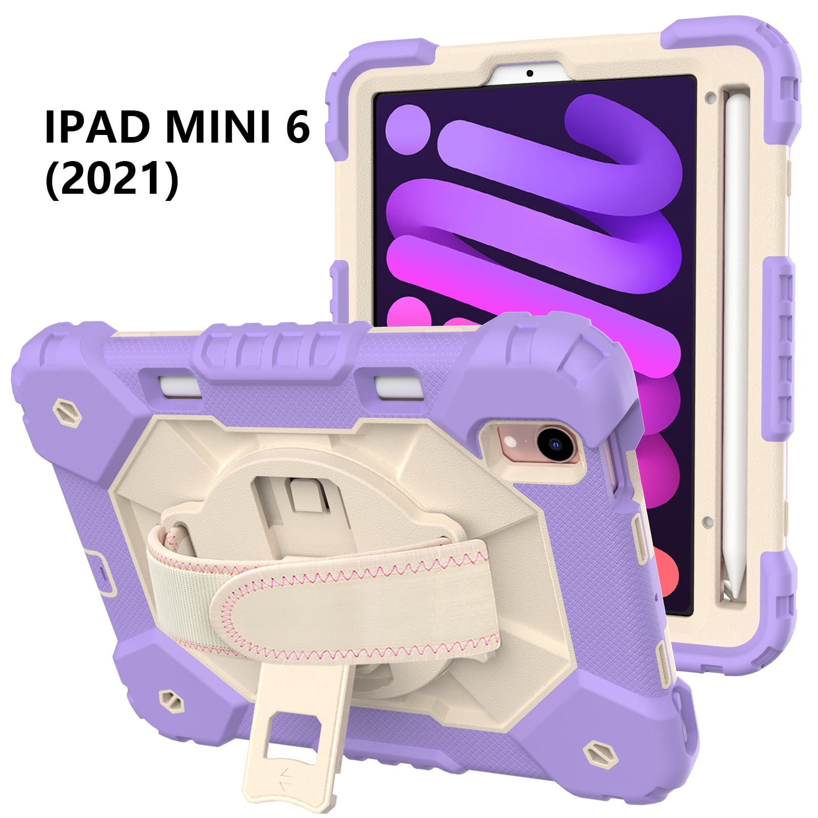 Case for iPad Mini 6 2021 8.3-inch, Kids Shockproof Rugged Hybrid 360 Rotating Stand Cover with Hand Shoulder Strap/Pencil Holder