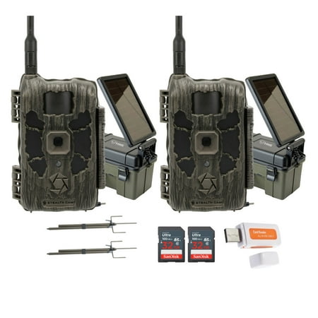 Stealth Cam 40MP Deceptor Max Cellular Trail Camera (2-Pack) Bundle with Solar Power Pack (2-Pack) Camera Mount Stick (2-Pack) 32GB Memory Card (2-Pack) and Card Reader ( 9 Items)