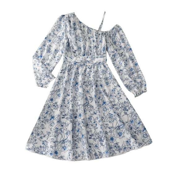 XUELUO Big Girls Dresses White & Blue Floral Print Off-Shoulder Long Sleeve Dress Spring Elegant Outdoor Gathering Skirts