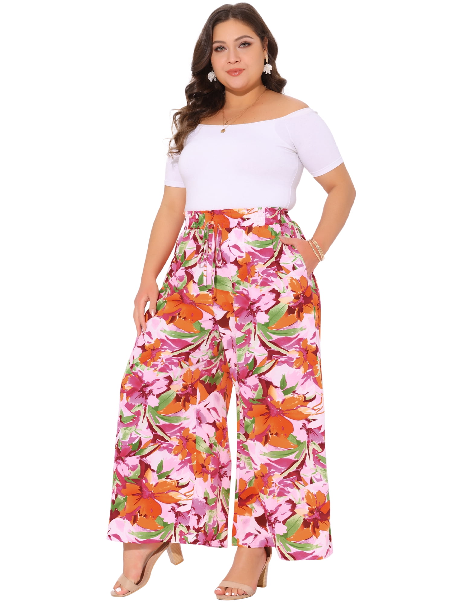 DARING DIVA Women's Plus Boho Floral Palazzo Trousers Pants 3X Pink Orange