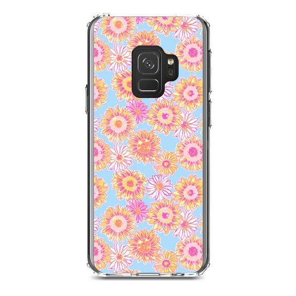 DistinctInk Clear Shockproof Hybrid Case for Samsung Galaxy S9 (5.8" Screen) - TPU Bumper, Acrylic Back, Tempered Glass Screen Protector - Preppy Pattern - Blue Pink Yellow Flowers Floral