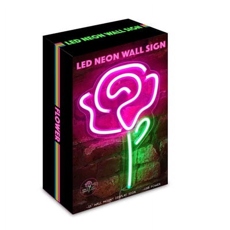 Isaac Jacobs 15" x 9" LED Neon Pink Rose Flower with Green Stem Wall Sign, Powered by USB Wire