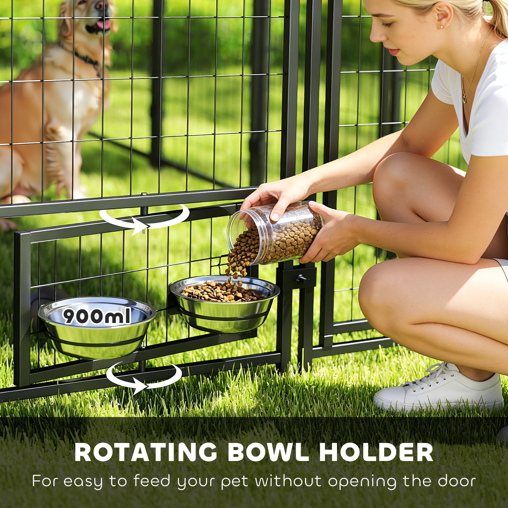 PawHut Outdoor Dog Kennel, Welded Wire Dog Run with 360° Rotating & 4 Levels Adjustable Bowls, Waterproof & UV Resistant Cover, 9.8' x 9.8' x 6.8'