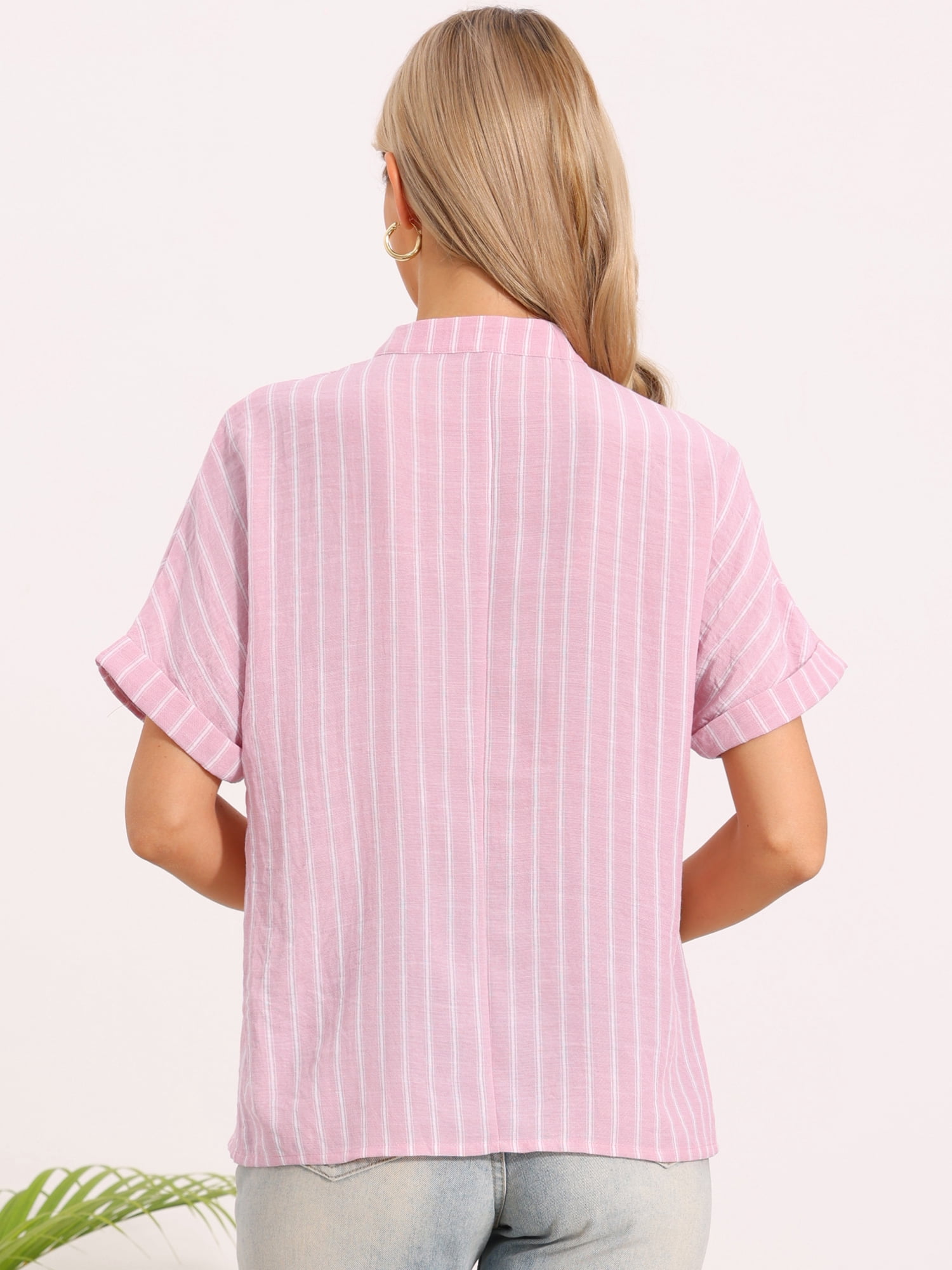 DARING DIVA Women's Short Sleeve Striped Shirt Work V Neck Button Front Top XS Light Pink