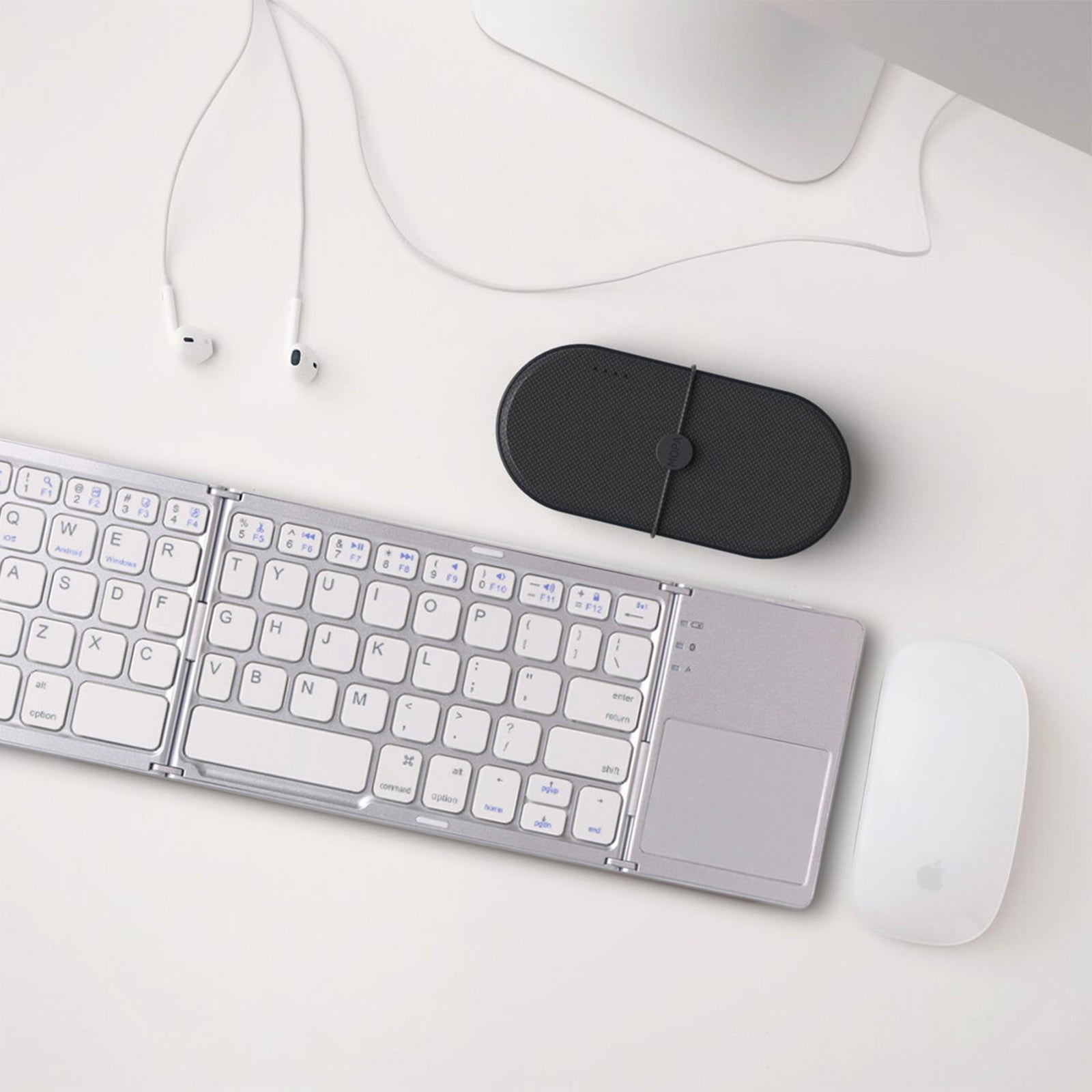 Foldable Bluetooth Keyboard with Touchpad - Portable Wireless Keyboard with Holder, Rechargeable Full Size Ultra Slim Pocket Folding Keyboards for Android Windows iOS Tablet & Laptop - White