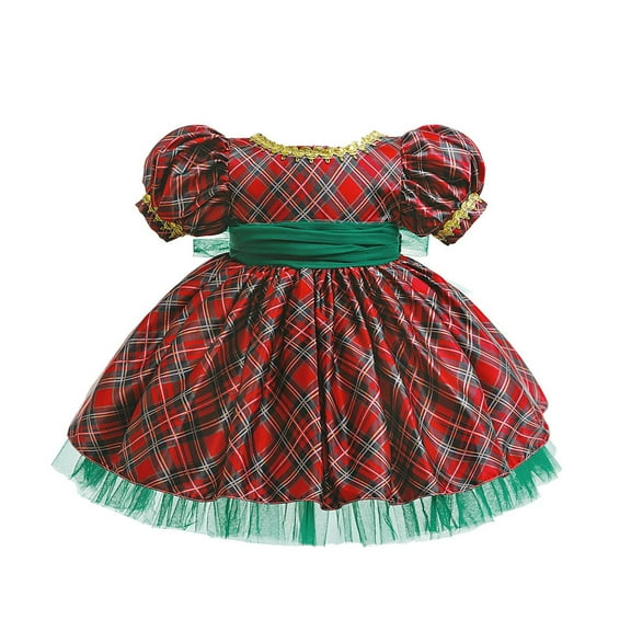 YunPes Girls Christmas Bubble Sleeve Red Green Sequins Christmas Dress COS Santa Dress Mesh Dress Plaid for Girls