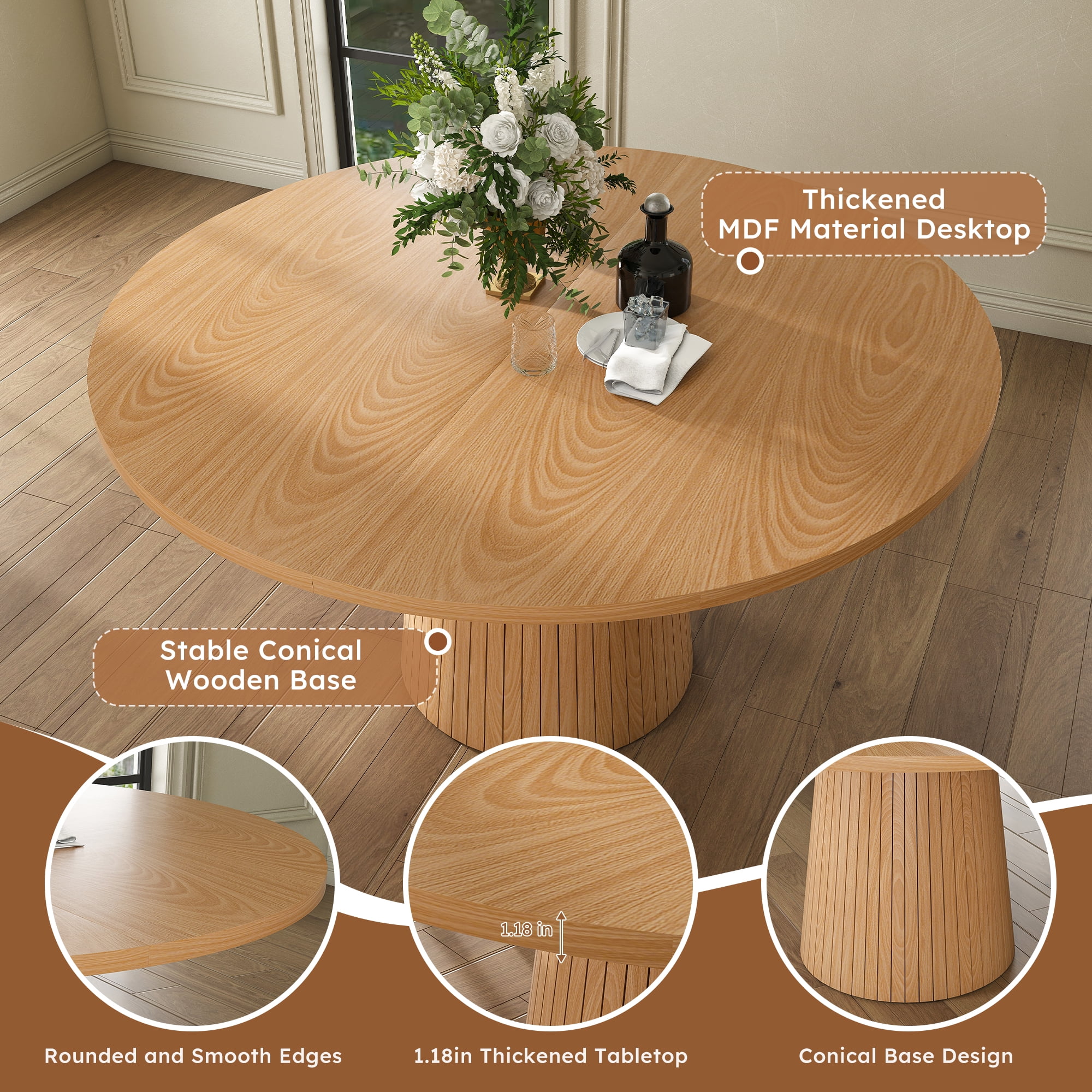 Miniyam 47 Inch Round Dining Table for 4, Modern Pedestal Kitchen for Small Spaces, Oak