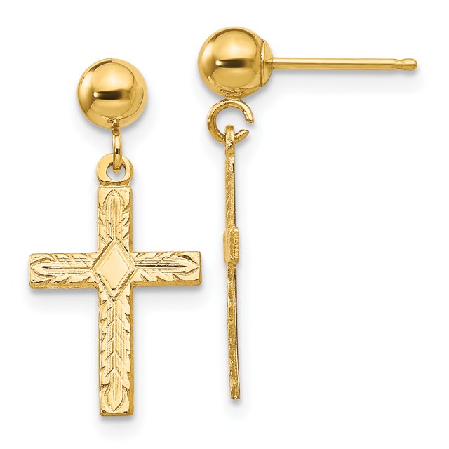14k Yellow Gold Cross Earrings Drop Dangle Religious