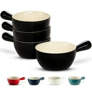Kook French Onion Soup Crocks, Stackable Ceramic Bowls with Handles, Oven, Microwave and Dishwasher Safe, for Cereal, Soups, Casseroles, with Handle, Stoneware, 24 oz, Set of 4, Black