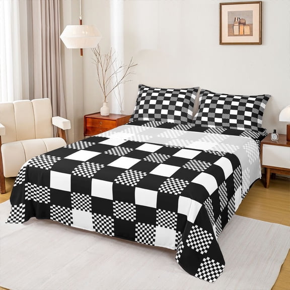 Homewish Black White Grid 3pcs Twin Sheet Sets For Kids Children Teens,Geometric Buffalo Twin Fitted Sheet,Minimalist Abstract Breathable Flat Sheet,Microfiber Bedroom Decor