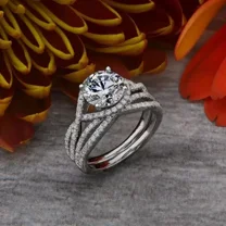 14K White Gold Plated 3TCW Round Cut Lab Created Diamond Bridal Set Engagement Ring Women's