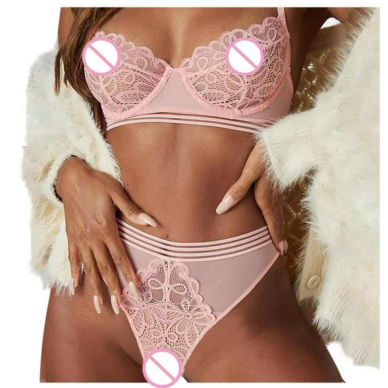 Lingerie Open Chest Crotchless Panties Female Underwear Sexy Lace  Embroidery Push Up Bra Panty Set