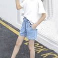 thumbnail image 4 of Cethrio Kids Girls Denim Shorts, Elastic Waist Pocket Solid Color Short Jeans Light Blue Size 3 T, 4 of 6