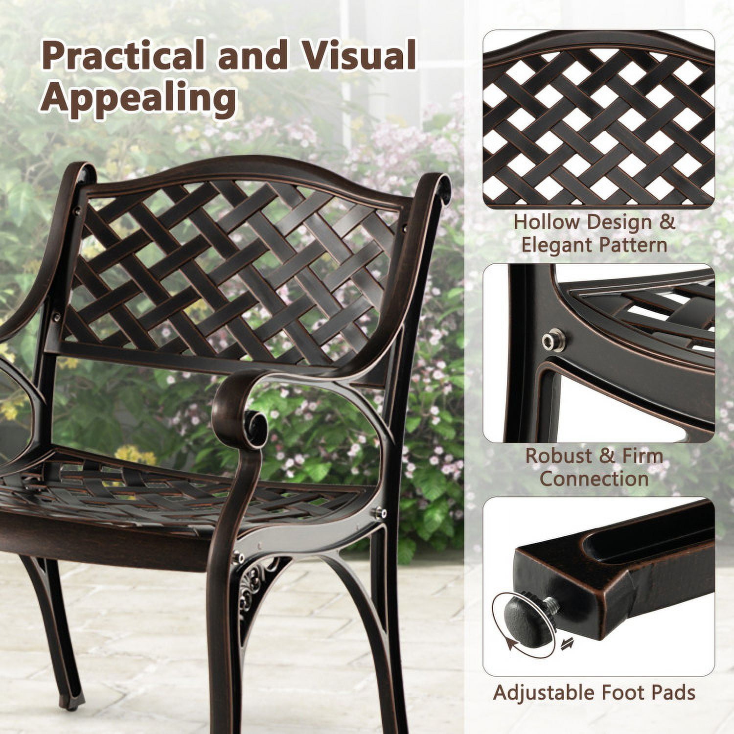 Aimee Lii Cast Aluminum Dining Chairs Set of 2 with Patio Chairs Armrests Flower Pattern, Outdoor Patio Set, Bronze Aimee Lii Cast Aluminum Dining Chairs Set of 2 with Patio Chairs Armrests Flower Pattern, Outdoor Patio Set, Bronze