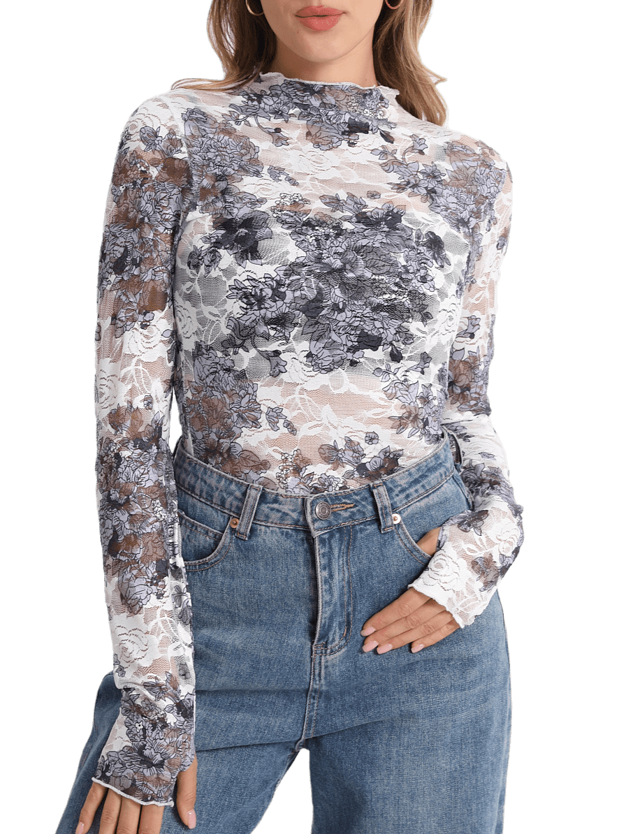 MINTREUS Women's Lace Top, Long Sleeves, Stand Collar, Floral