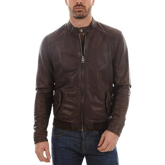 Men Leather Jacket New 100% Genuine Soft Lambskin Slim Biker Bomber Coat Brown A335