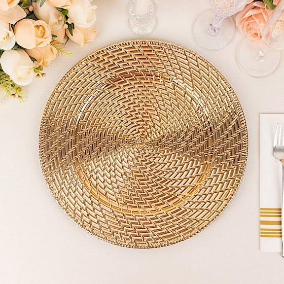 BalsaCircle 6 Metallic Gold 13 in Round Swirl Rattan Acrylic Charger Plates Party Events Tableware Decorations