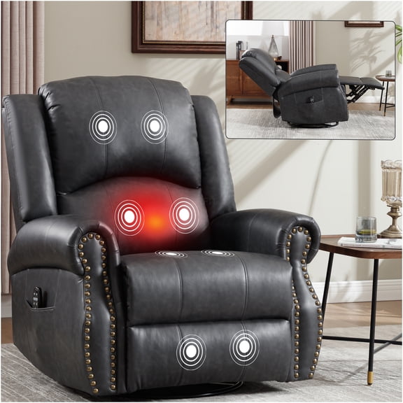 JERFIT 360 Swivel Recliner Chair with Heat Massage, Rocking Function for Living Room, Grey Fabric