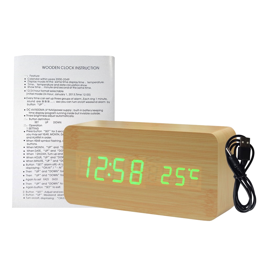 Wooden LED Display Temp Date Digital Alarm Clock Wood Sound Detect Control USB