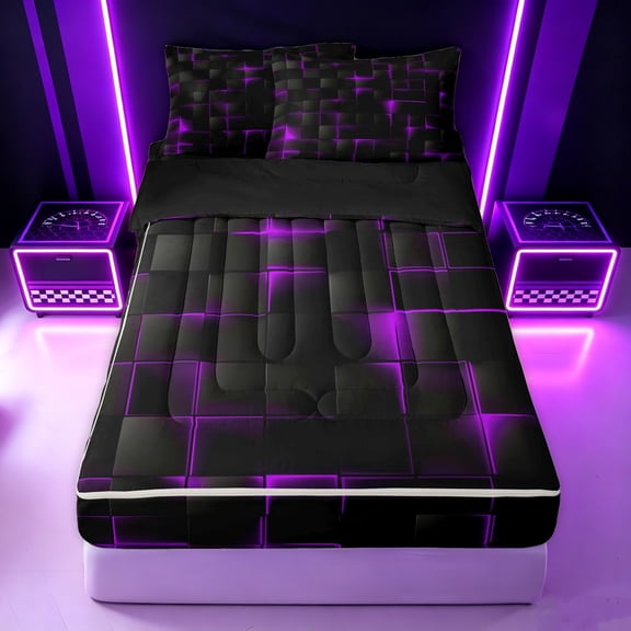 Erosebridal 3D Purple Abstract Zipper Twin Comforter Sets with Fitted Sheet and 2 Pillowcases for Boys Men, Neon Glow Texture Print Zipper Bedding Set, Black Reversible, 4 Pieces