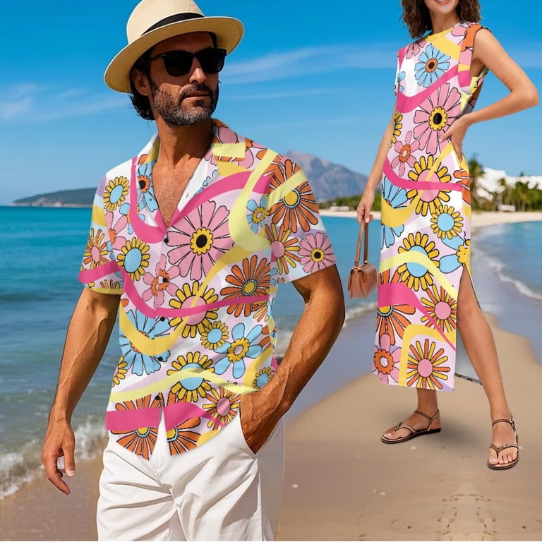 beach dress for men and women Jeiento Matching Outfits Couples Retro 70s Flower Power Mens Beach Shirts Summer Dresses for Hawaiian Shirt for Sleeveless Dress St. Agni Asymmetric Maxi