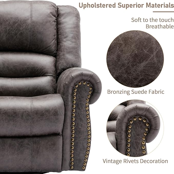 EPICOZY Manual Massage Swivel Rocker Recliner with Heat and Vibration, 360° Swivel Glider Rocking Recliner Chair, Classic Living Room Lounge Recliners with Side Pockets & USB Ports, Dark Gray