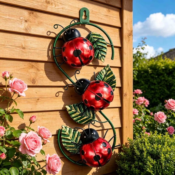 Wrought Iron Wall Decor, Garden Art, Outdoor Metal Flowers and Butterflies, Flower & Insect Wall Hanging for Patio, Balcony, Courtyard, Kids Room, Red and Yellow
