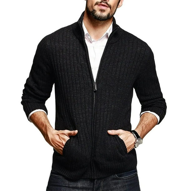 Suéter de otoño e invierno para hombre, de color sólido, cuello semialto, manga larga, cremallera, corte ajustado, cárdigan de punto, ropa masculina europea y americana