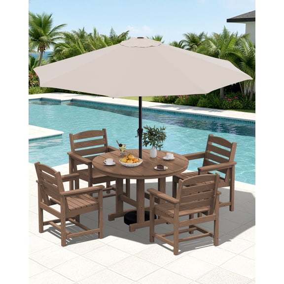 SERWALL 6-Pc Dining Set, 45" Table, 4 Chairs&9FT Umbrella, Brown (No Base)